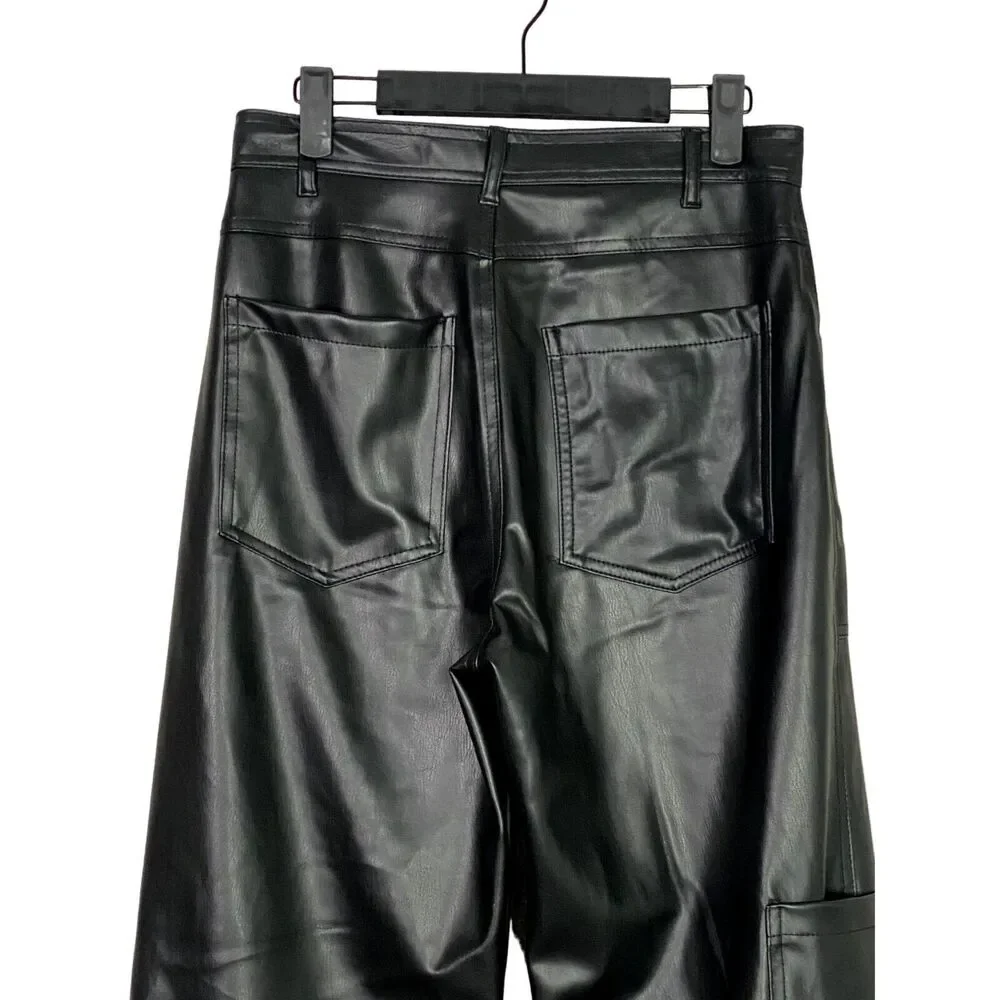 ZARA Wide Leg High Rise Faux Leather Edgy Moto Biker Full Length Pants M Black - Picture 6 of 16